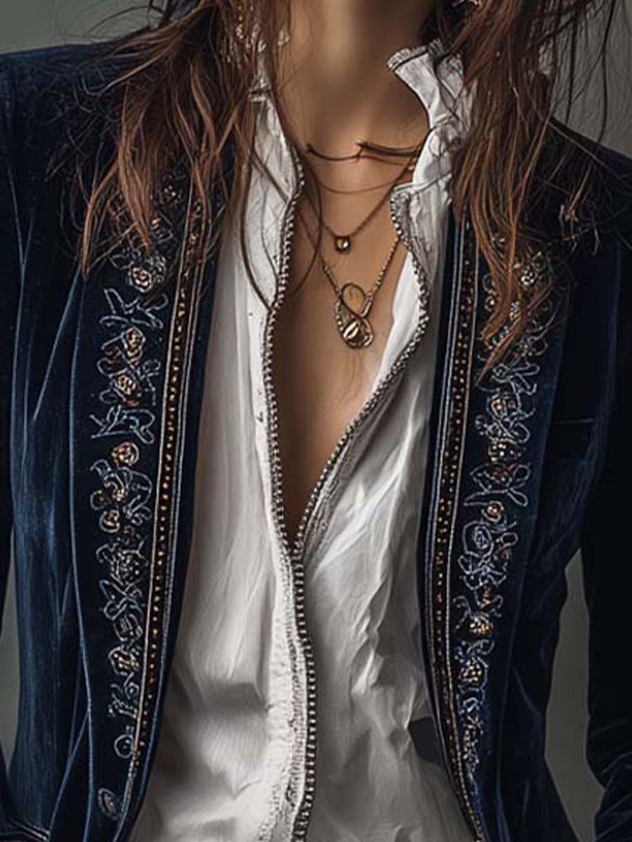 Athénaïs | Chaqueta larga bordada vintage azul marino