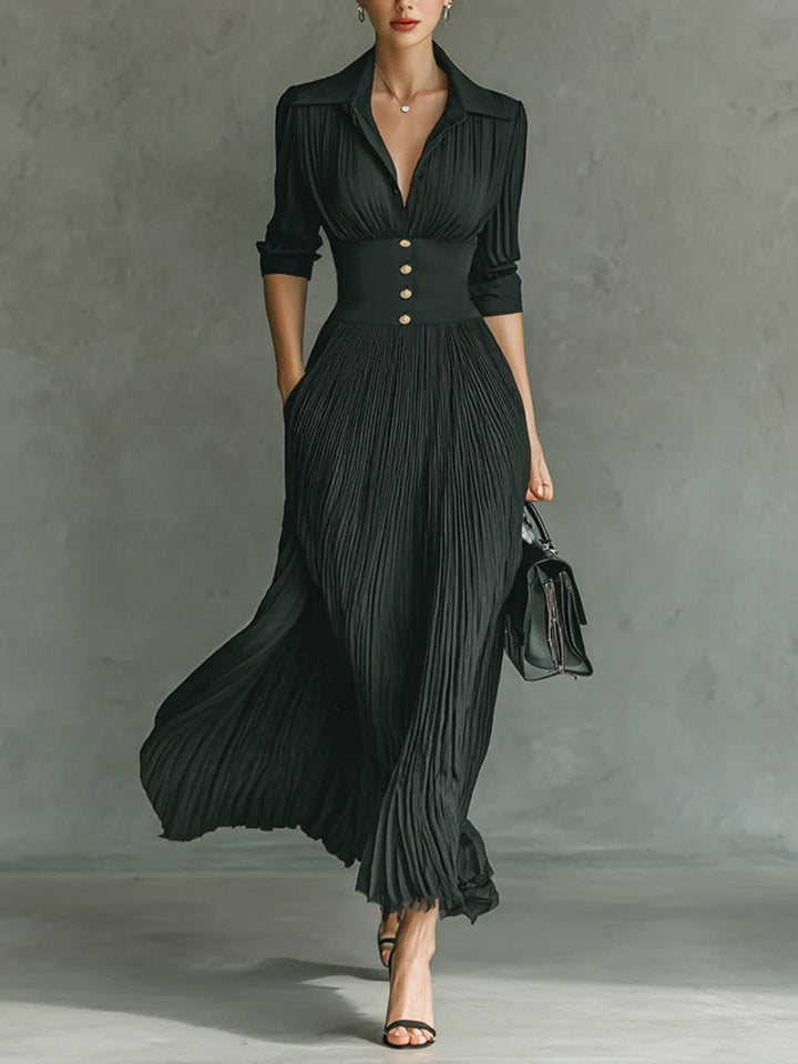 Victoria | Vestido largo plisado con solapas y cintura alta